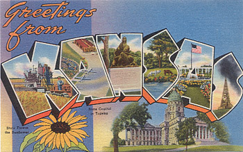 Featured is a Kansas big-letter postcard image from the 1940s obtained from the Teich Archives (private collection).